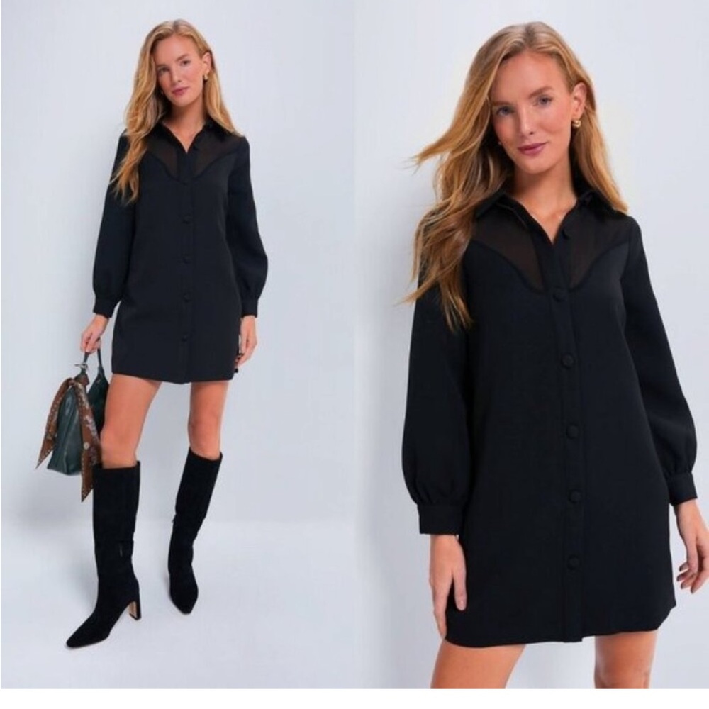 NWT Tuckernuck Black Etta Mesh Top Collared Long Sleeve Mini Dress Size XS
